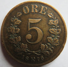 Load image into Gallery viewer, 1876 Norway 5 Ore Coin
