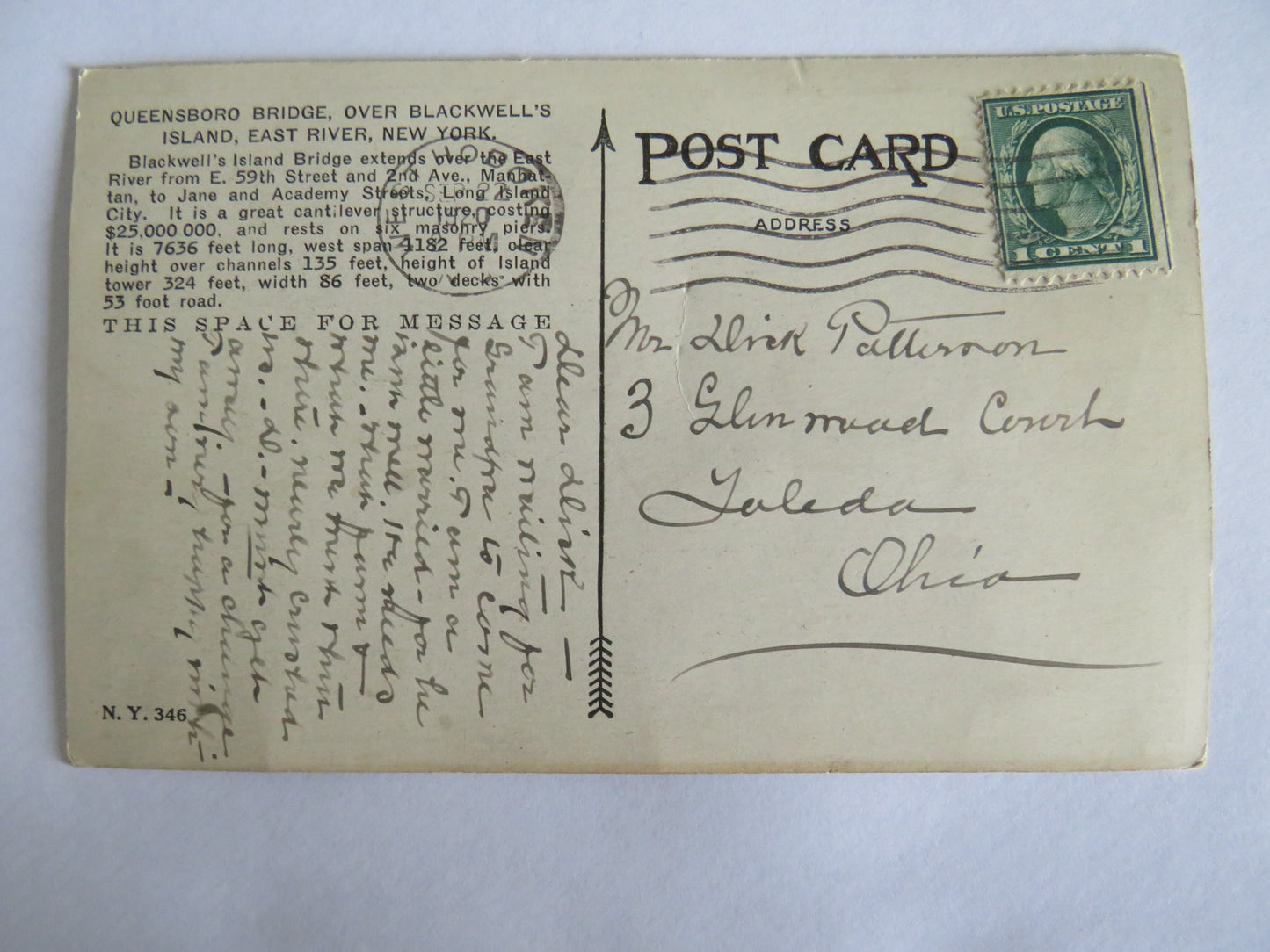 Vintage Postcard of Queensboro Bridge Over Blackwell's Island New York