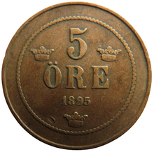 Load image into Gallery viewer, 1895 Sweden 5 Ore Coin
