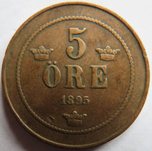 Load image into Gallery viewer, 1895 Sweden 5 Ore Coin
