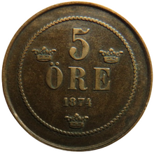 Load image into Gallery viewer, 1874 Sweden 5 Ore Coin
