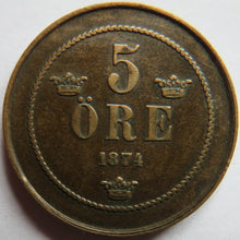 Load image into Gallery viewer, 1874 Sweden 5 Ore Coin
