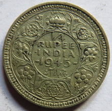 Load image into Gallery viewer, 1945 King George VI India Silver 1/4 Rupee Coin
