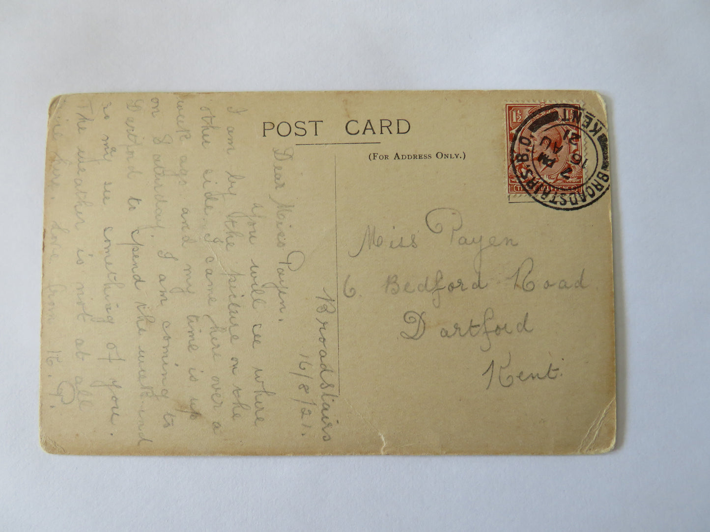 Vintage Postcard of Broadstairs, The Cliffs, 1921