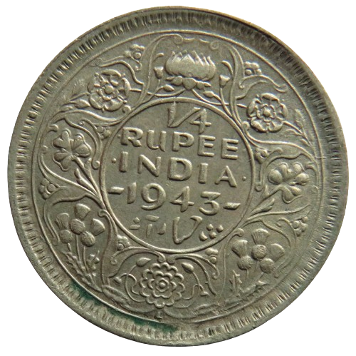 1943 King George VI India Silver 1/4 Rupee Coin