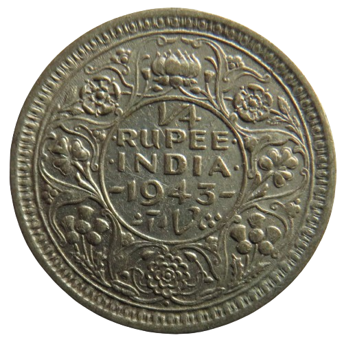 1943 King George VI India Silver 1/4 Rupee Coin