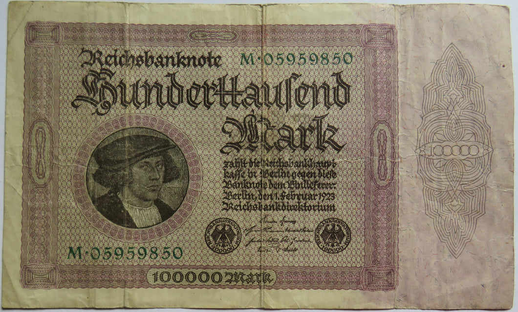 1923 Germany 100000 Marks Banknote