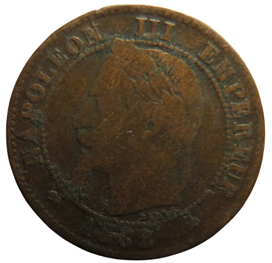 1862-K France Napoleon III 2 Centimes Coin