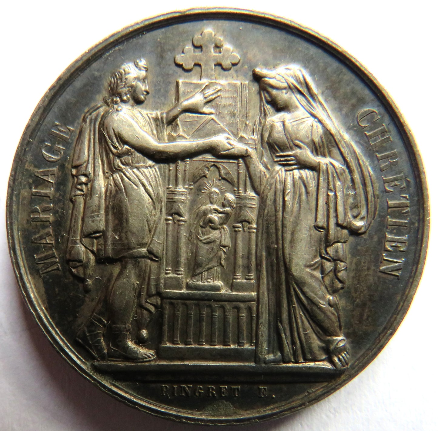 Antique 1871 Silver Medal By Pingret Mariage Chretien / Marriage Medal