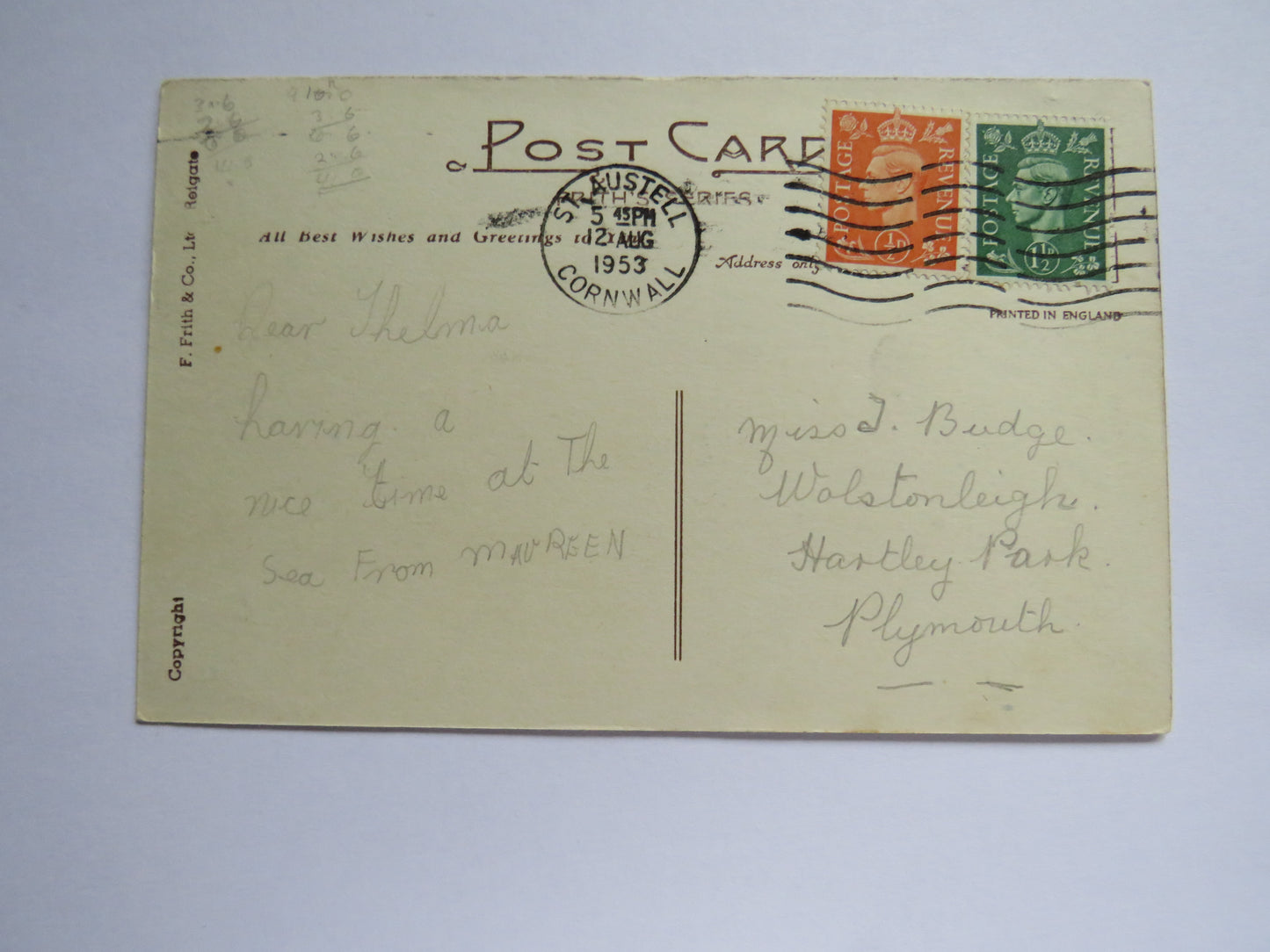 Vintage Postcard of Porthpean, Robins Rock & Rope Haven Cliffs, 1953