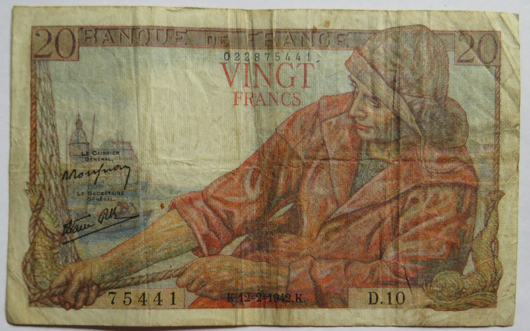 1942 France 20 Francs Banknote
