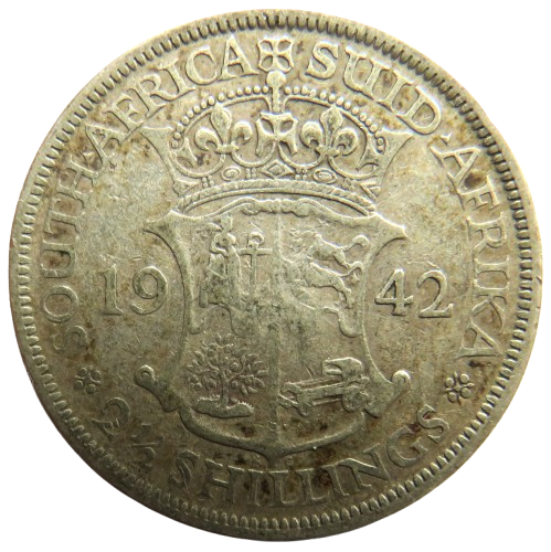 1942 King George VI South Africa Silver 2 & 1/2 Shillings / Halfcrown Coin