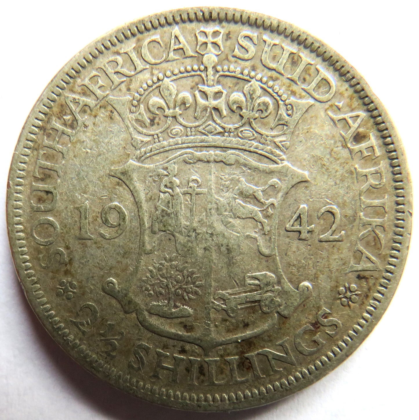 1942 King George VI South Africa Silver 2 & 1/2 Shillings / Halfcrown Coin