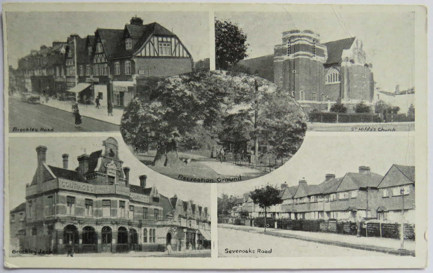 Vintage Multiview Postcard of London featuring Brockley Road, Brockley Jack, St Hilda's Church, Sevenoaks Road, and Recreation Grounds, London