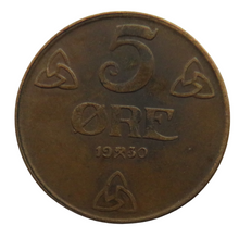 Load image into Gallery viewer, 1930 Norway 5 Ore Coin
