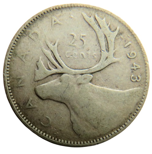1943 King George VI Canada Silver 25 Cents Coin
