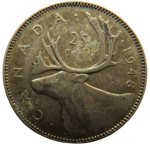 1948 King George VI Canada Silver 25 Cents Coin