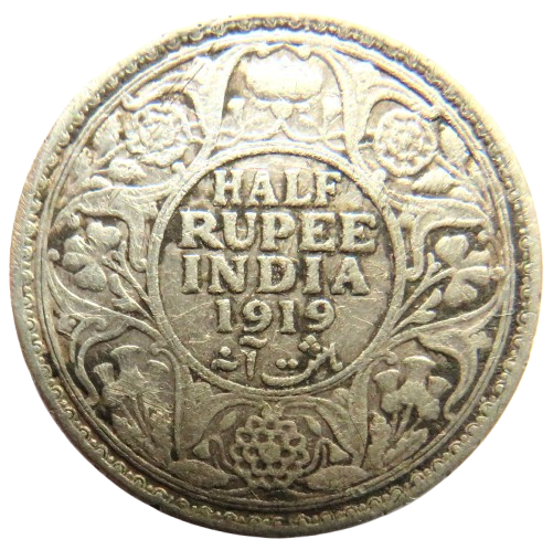 1919 King George V India Silver 1/2 Half Rupee Coin