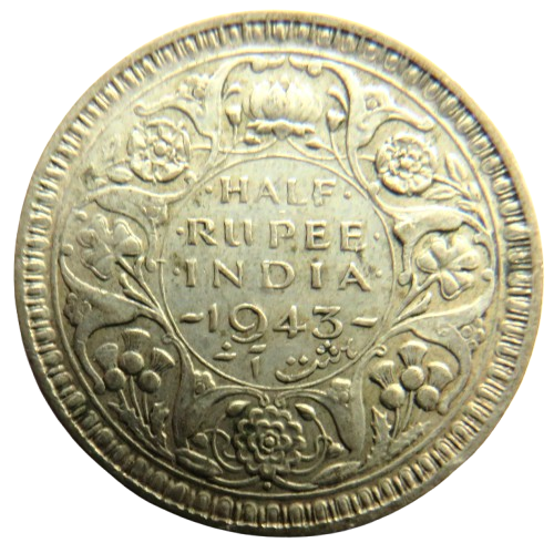 1943 King George VI India Silver 1/2 Half Rupee Coin