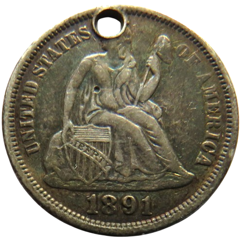 1891 USA Seated Liberty Silver Dime Coin (Holed) Pendant