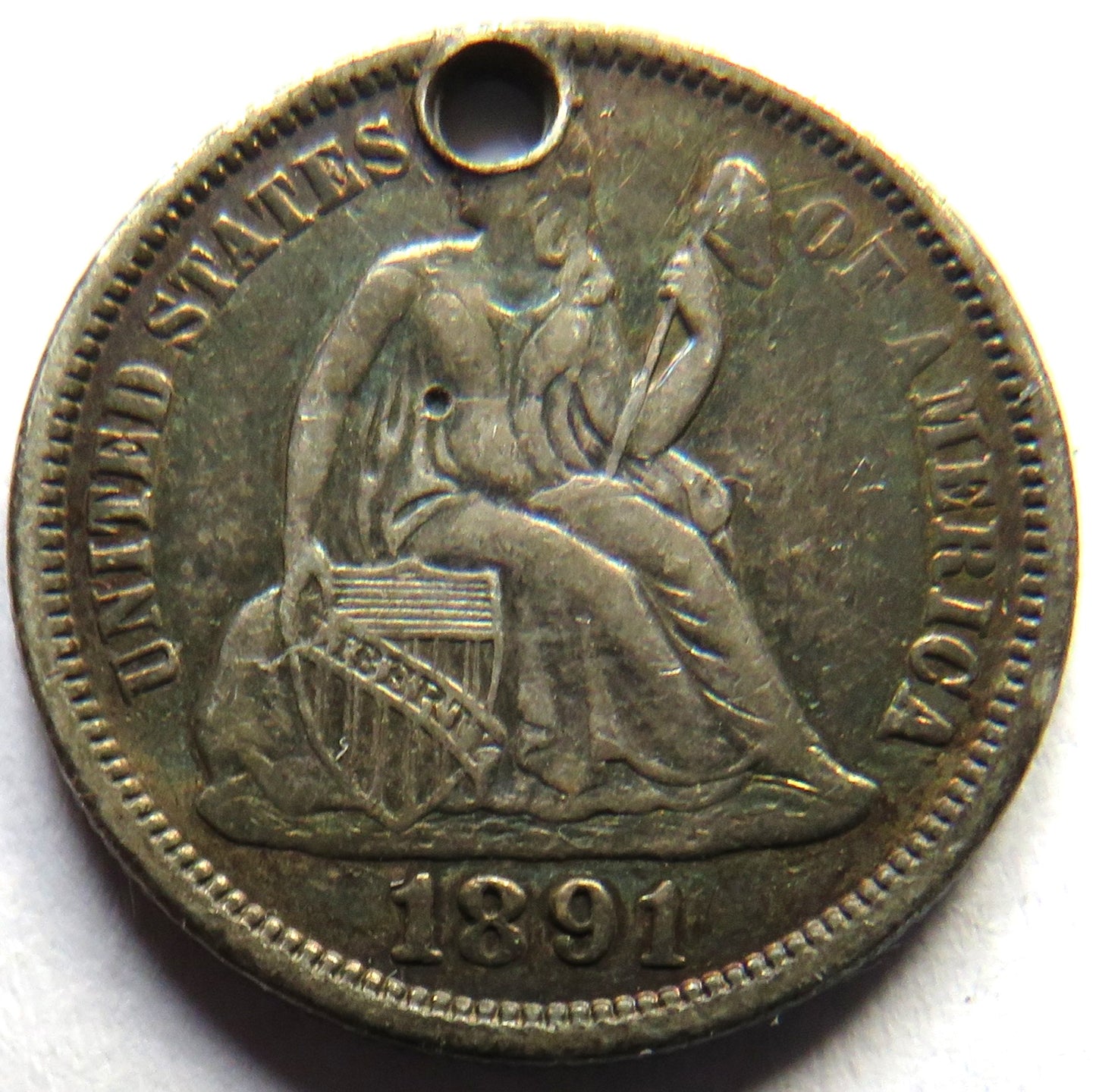 1891 USA Seated Liberty Silver Dime Coin (Holed) Pendant