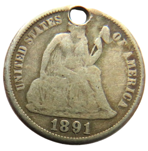 1891 USA Seated Liberty Silver Dime Coin (Holed) Pendant