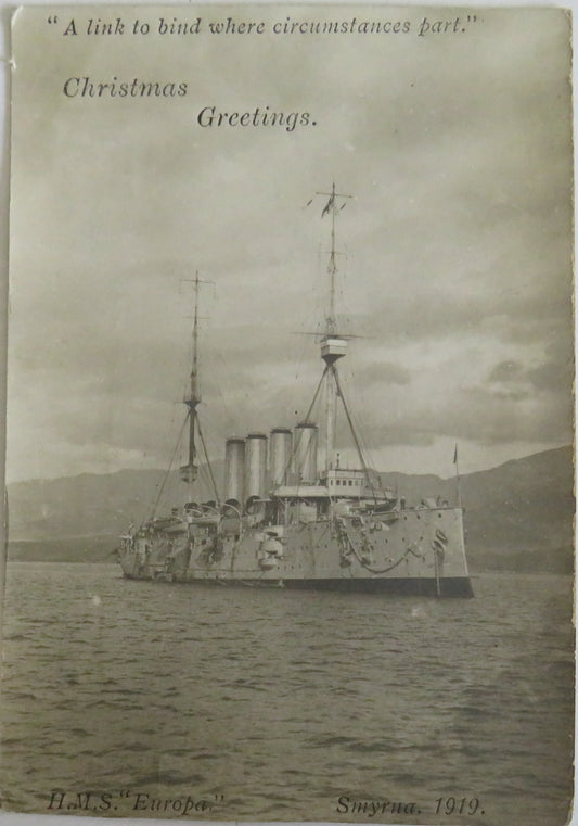 Vintage Warship Postcard of The H.M.S. "Europa" Christmas Greetings