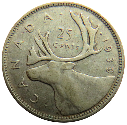 1939 King George VI Canada Silver 25 Cents Coin