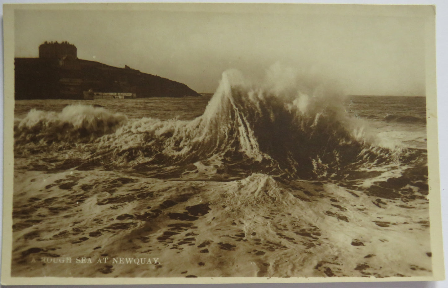 Vintage Postcard of A Rough Sea at Newquay