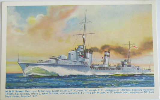 Vintage Warship Postcard of H.M.S. Somali Destroyer Tribal Class