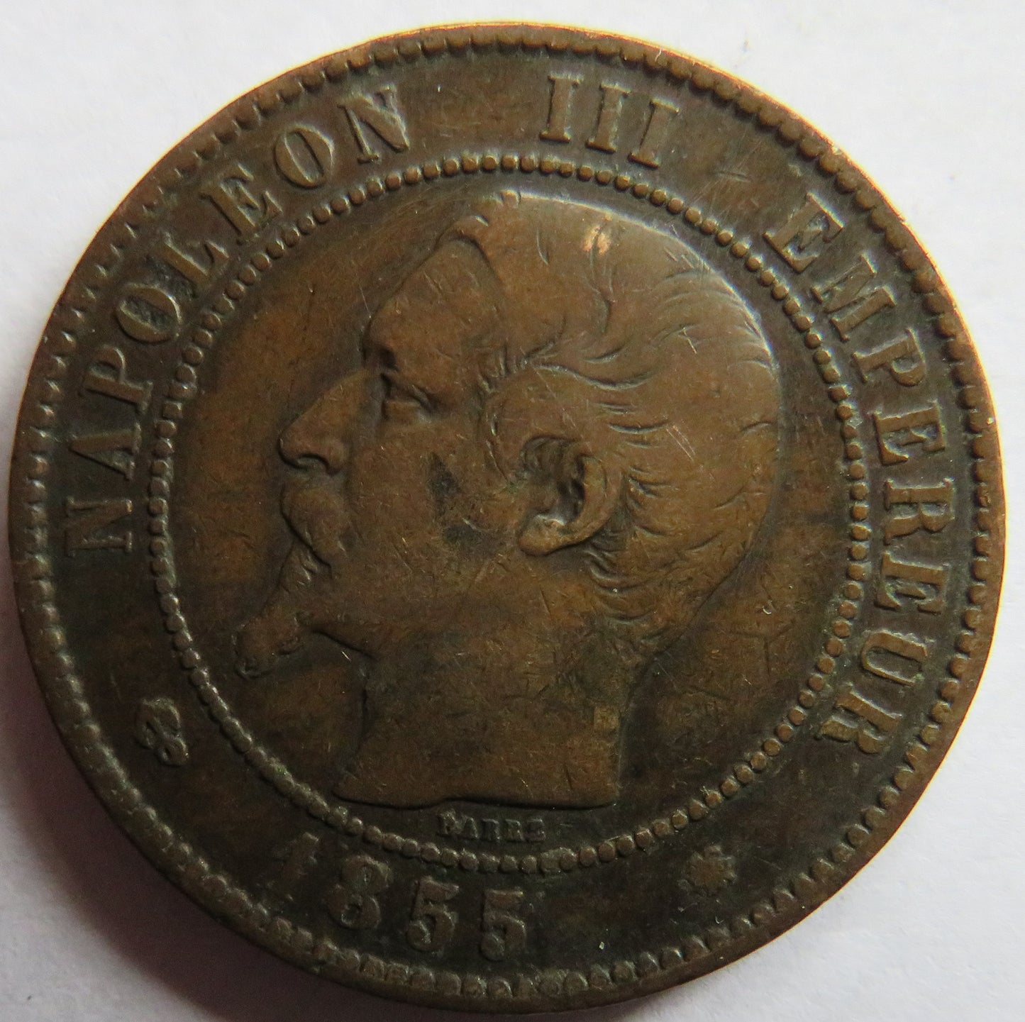 1855-BB France Napoleon III 10 Centimes Coin