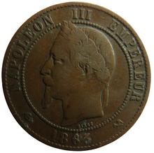 Load image into Gallery viewer, 1863-K France Napoleon III 10 Centimes Coin
