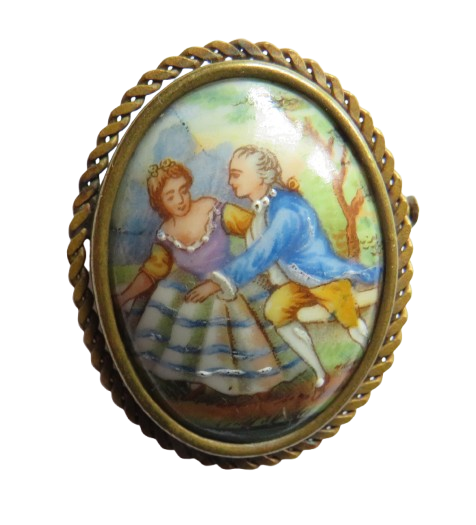 Vintage Hand Painted Porcelain Ladies Brooch With Antique Scene