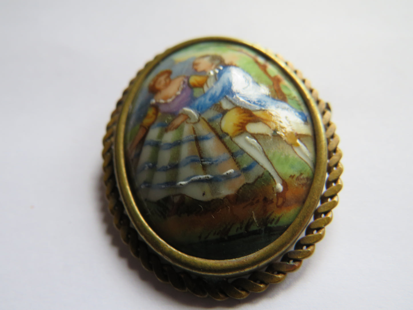 Vintage Hand Painted Porcelain Ladies Brooch With Antique Scene