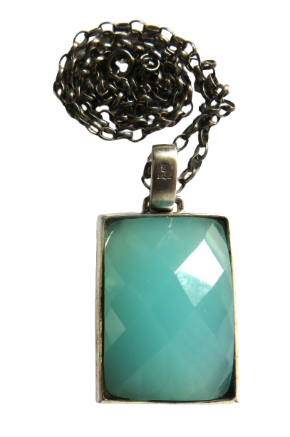 Ladies Sterling Silver Necklace & Large Pendant With Blue Stone