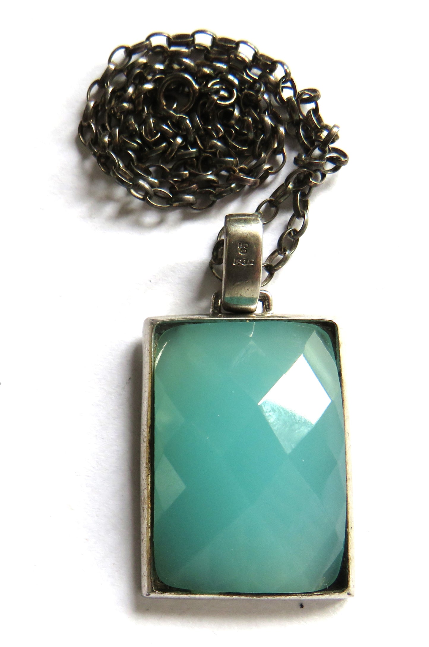 Ladies Sterling Silver Necklace & Large Pendant With Blue Stone
