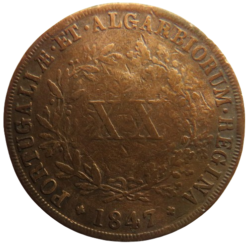 1847 Portugal 20 Reis Coin