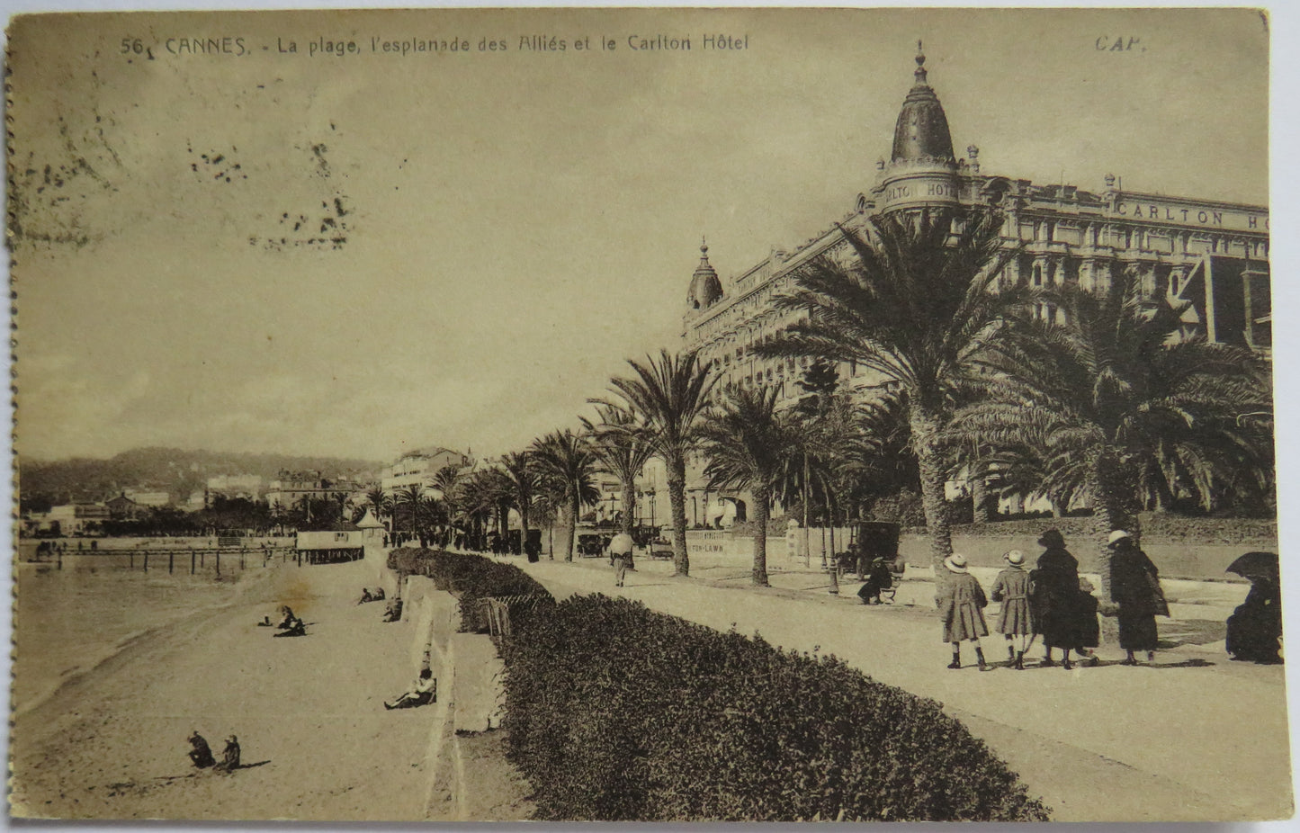 Vintage Postcard of Cannes - La Plage, L'esplanade des Allies-et le Carlton Hotel, 1922