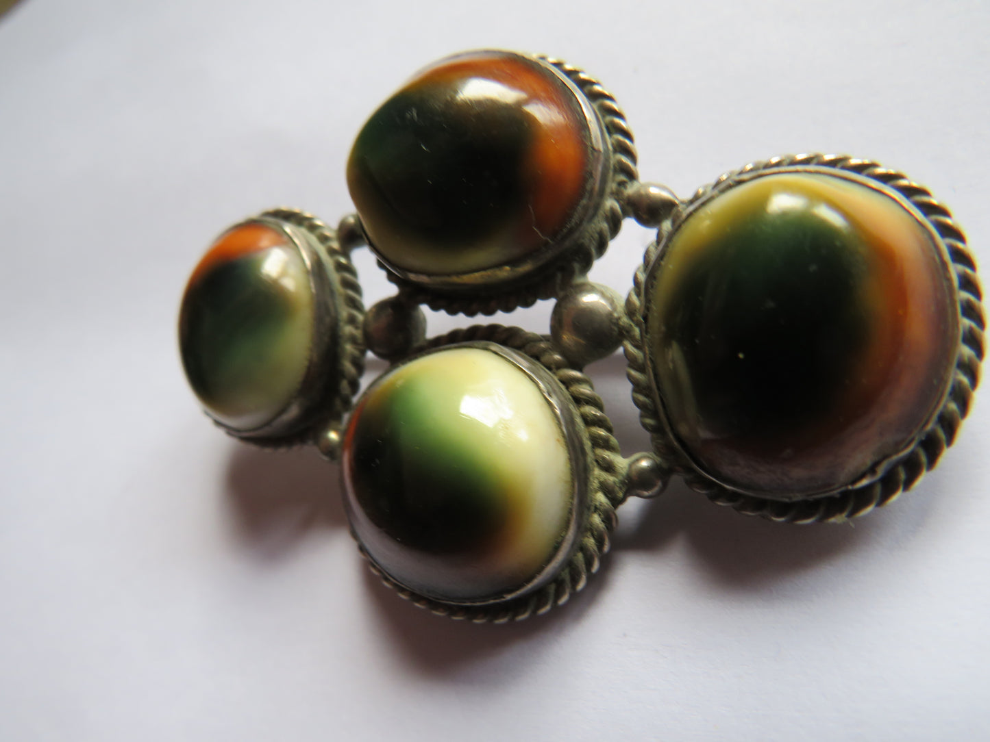 Vintage White Metal & Ceramic Chunky Brooch