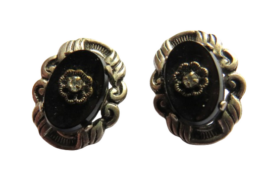 Vintage Ladies White Metal & Black Stone Clip On Earrings