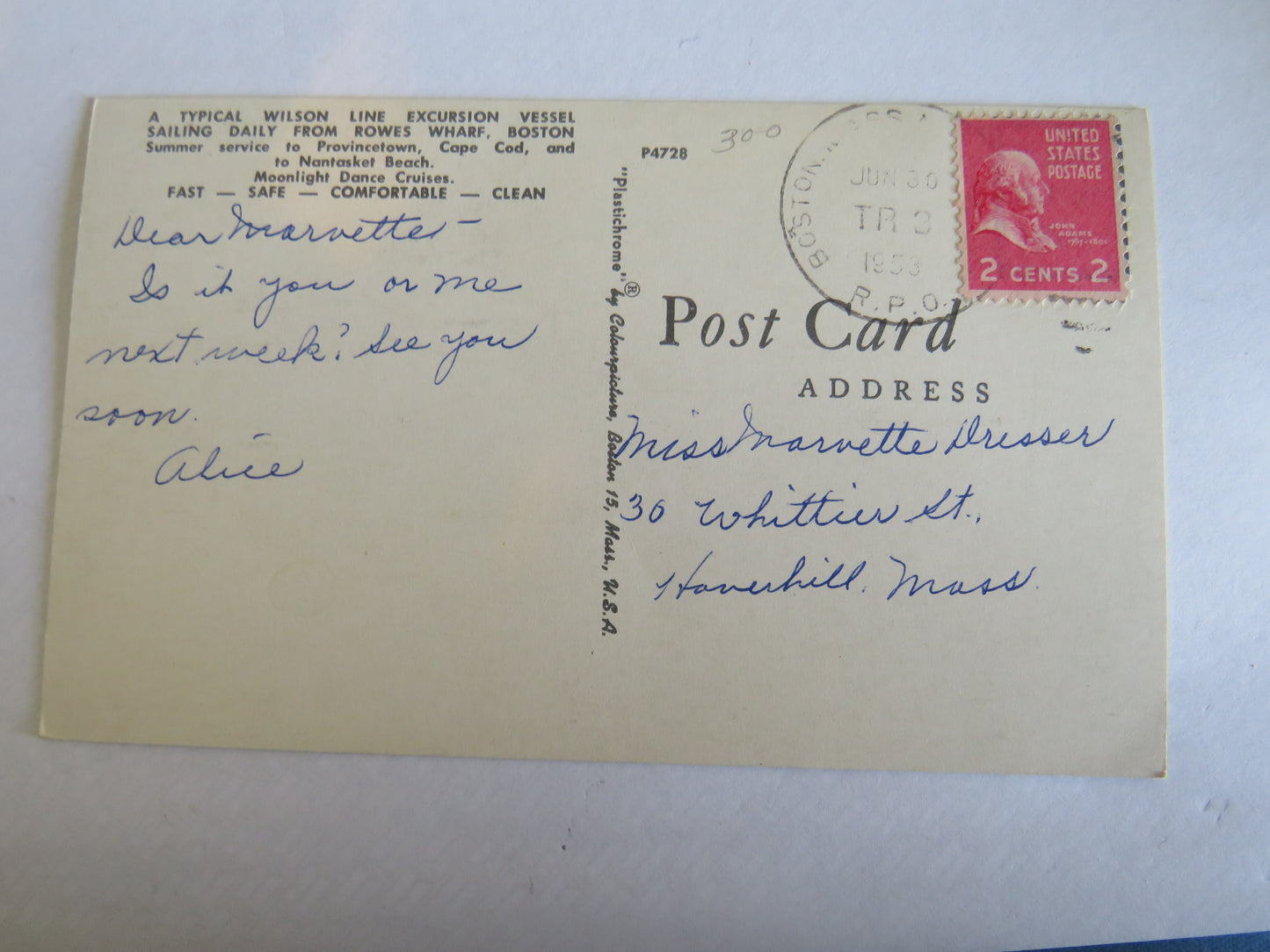 Vintage Postcard of A Typical Wilson Line Excursion Version Sailing From Boston