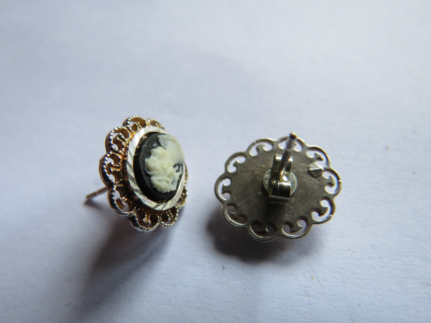 Vintage Ladies White Metal Earrings In Cameo Style