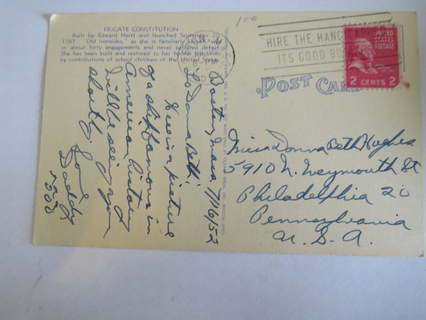 Vintage Postcard Of Frigate Constitution ("Old Ironsides") Boston Mass