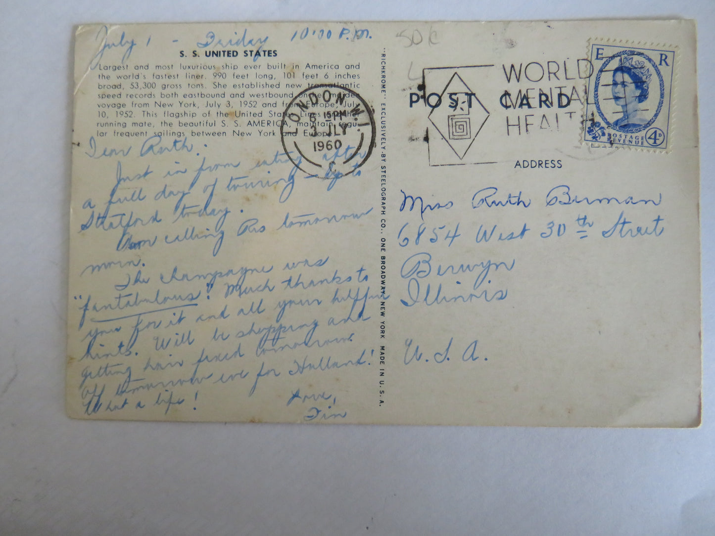 Vintage Postcard of S.S. United States World's Fastest Liner