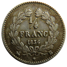 Load image into Gallery viewer, 1836-B Louis-Philippe France Silver 1/4 Franc Coin
