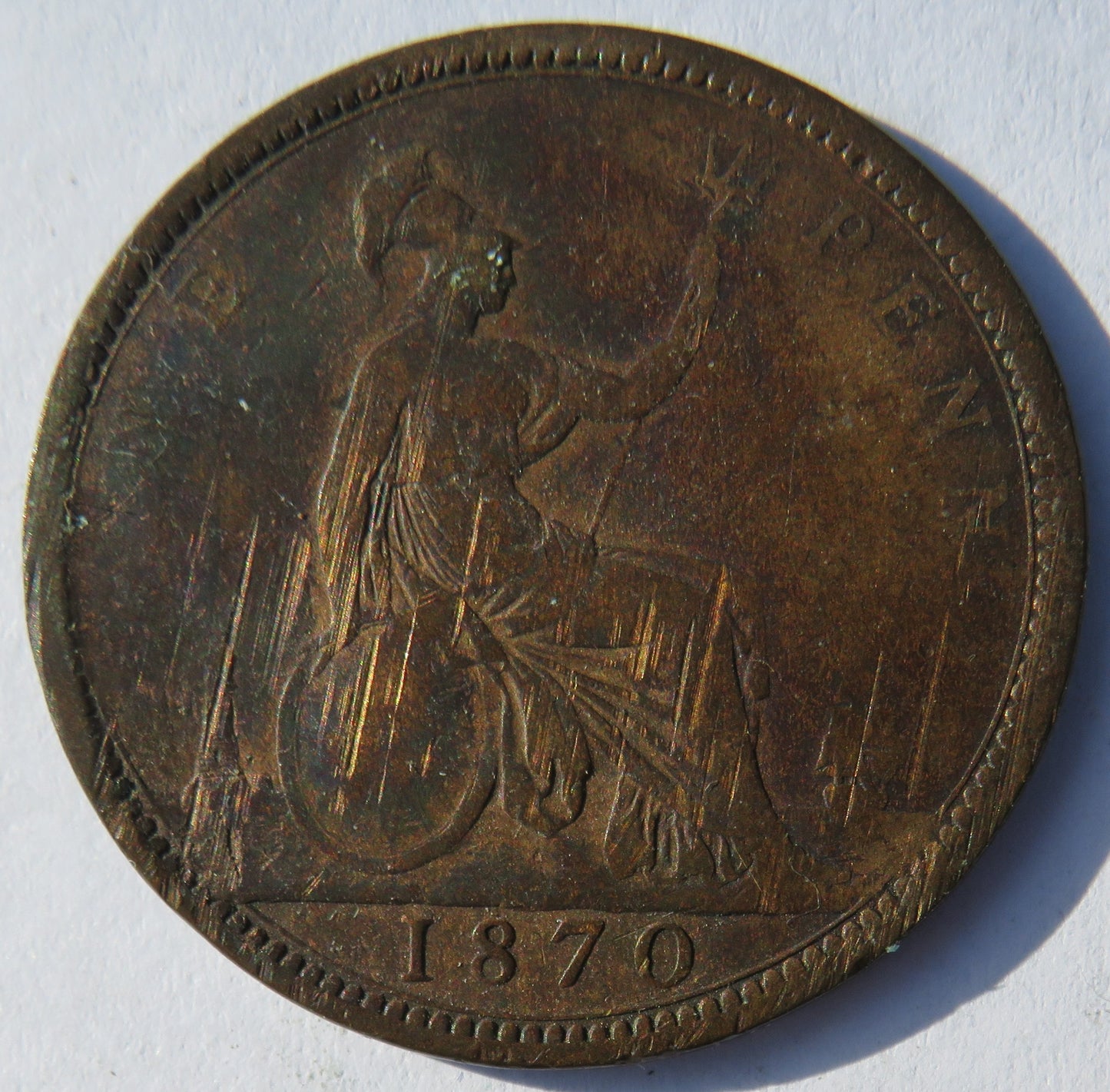 1870 Queen Victoria Bun Head One Penny Coin - Great Britain