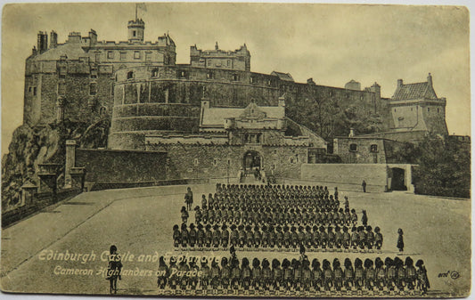 Vintage Postcard of Edinburgh Castle and Esplanade, Cameron Highlanders on Parade