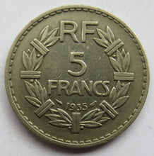 Load image into Gallery viewer, 1935 France 5 Francs Coin
