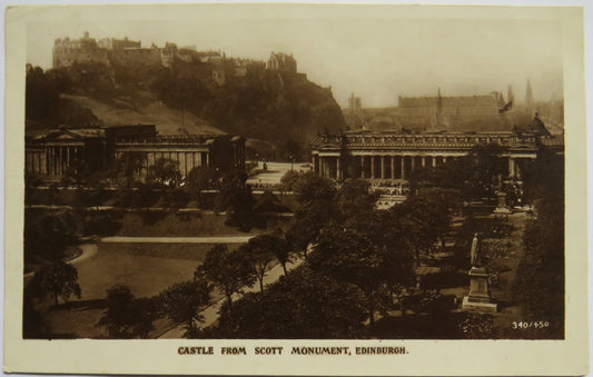 Vintage Postcard of Castle from Scott Monument, Edinburgh, 1923