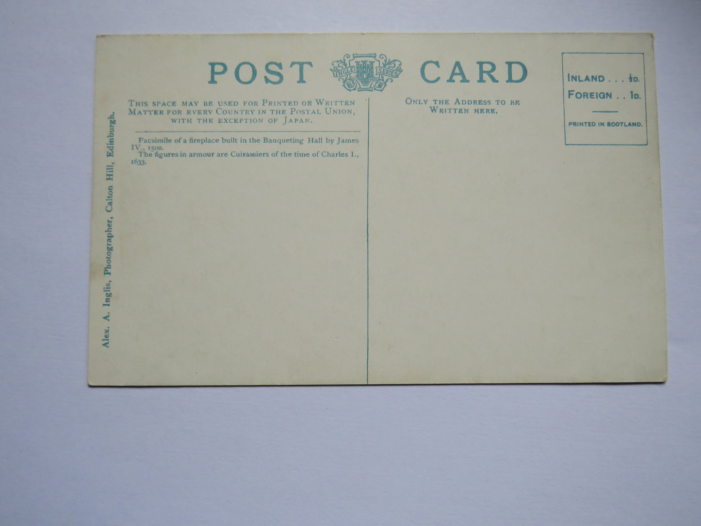 Vintage Postcard of Fire Place, Banqueting Hall, Edinburgh Castle